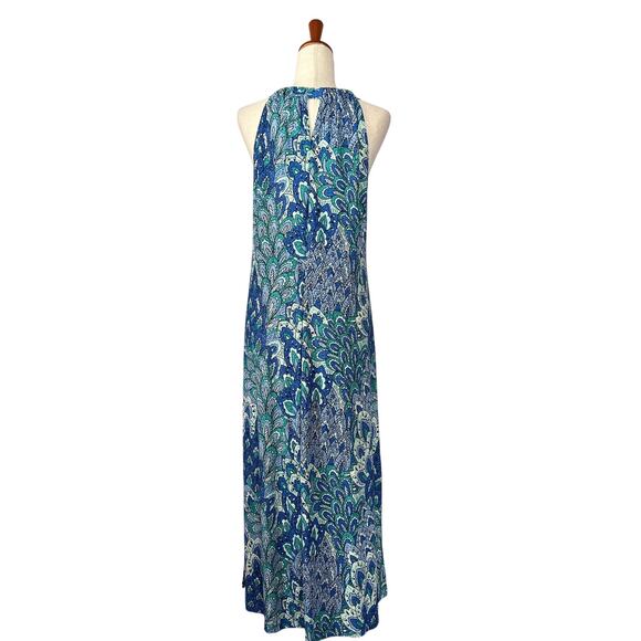 Anne Klein Blue Green Peacock Print Sleeveless Maxi Dress Size 14 Vacation - Picture 3 of 6